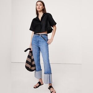 NWT Banana Republic Oversized Linen Cropped Resort Black Shirt Sz L (#770015)